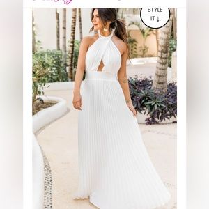 Pink Lily “SUNNY GLEAM WHITE ACCORDION HALTER MAXI DRESS”